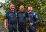 18 June 2023; Callum Devine and his father Seamus with course clerk Eamon McGee after winning the Wilton Recycling Donegal International Rally Round 5 of the Irish Tarmac Championship at Portsalon, Donegal. Photo by Philip Fitzpatrick/Sportsfile