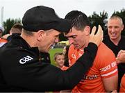 18 June 2023; Rory Grugan of Armagh is embraced by his manager Kieran McGeeney after their side's victory in the GAA Football All-Ireland Senior Championship Round 3 match between Galway and Armagh at Avant Money Páirc Seán Mac Diarmada in Carrick-on-Shannon, Leitrim. Photo by Harry Murphy/Sportsfile