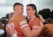 18 June 2023; Ross McQuillan and Rory Grugan of Armagh embrace after their side's victory in the GAA Football All-Ireland Senior Championship Round 3 match between Galway and Armagh at Avant Money Páirc Seán Mac Diarmada in Carrick-on-Shannon, Leitrim. Photo by Harry Murphy/Sportsfile