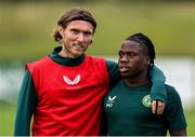 18 June 2023; Jeff Hendrick, left, and Michael Obafemi during a Republic of Ireland training session at the FAI National Training Centre in Abbotstown, Dublin. Photo by Stephen McCarthy/Sportsfile