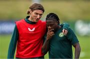 18 June 2023; Jeff Hendrick, left, and Michael Obafemi during a Republic of Ireland training session at the FAI National Training Centre in Abbotstown, Dublin. Photo by Stephen McCarthy/Sportsfile