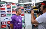 18 June 2023; Westmeath manager Dessie Dolan is interviewed before the GAA Football All-Ireland Senior Championship Round 3 match between Tyrone and Westmeath at Kingspan Breffni in Cavan. Photo by Ramsey Cardy/Sportsfile