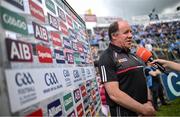 18 June 2023; Tyrone joint-manager Feargal Logan is interviewed before the GAA Football All-Ireland Senior Championship Round 3 match between Tyrone and Westmeath at Kingspan Breffni in Cavan.
