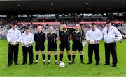 17 June 2023; Referee Séamus Mulvihill with his officials before the TG4 All-Ireland Ladies Senior Football Championship Round 1 match between Galway and Cork at Pearse Stadium in Galway. Photo by Piaras Ó Mídheach/Sportsfile