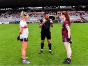 17 June 2023; Referee Séamus Mulvihill with team captains Maire O'Callaghan of Cork and Sarah Ní Loingsigh of Galway before the TG4 All-Ireland Ladies Senior Football Championship Round 1 match between Galway and Cork at Pearse Stadium in Galway. Photo by Piaras Ó Mídheach/Sportsfile