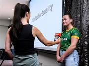 19 June 2023; Meath footballer Vikki Wall is interviewed for Off The Ball at Radisson Blu Hotel in Dublin Airport, Dublin. Representatives of senior inter-county camogie and football panels announce that they will play the remainder of the 2023 championship under protest. Photo by Matt Browne/Sportsfile