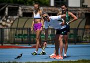 19 June 2023; Thomas Barr of Ireland interacts with a bird watched by Phil Healy, right, and Sharlene Mawdsley during a practice session at Henryk Jordana Park ahead of the European Games 2023 in Krakow, Poland. Photo by David Fitzgerald/Sportsfile