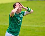 19 June 2023; Team Ireland's Eamon Quinn, a member of Eagles Special Olympics Club, from Cookstown, Tyrone, reacts after missing a goal chance during the qualifier match between Ireland and Uganda on day three of the World Special Olympic Games 2023 at The Mayfield in the Olympiapark in Berlin, Germany. Photo by Ray McManus/Sportsfile