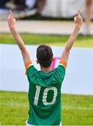 19 June 2023; Team Ireland's Ray Singleton, a member of Eagles Special Olympics Club, from Aughnacloy, Tyrone, celebrates scoring the second goal during the qualifier match between Ireland and Uganda on day three of the World Special Olympic Games 2023 at The Mayfield in the Olympiapark in Berlin, Germany. Photo by Ray McManus/Sportsfile