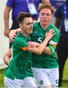 19 June 2023; Team Ireland's Ray Singleton, right, a member of Eagles Special Olympics Club, from Aughnacloy, Tyrone, celebrates with team mate Eamon Quinn after he scored the second goal during the qualifier match between Ireland and Uganda on day three of the World Special Olympic Games 2023 at The Mayfield in the Olympiapark in Berlin, Germany. Photo by Ray McManus/Sportsfile