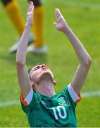19 June 2023; Team Ireland's Ray Singleton, a member of Eagles Special Olympics Club, from Aughnacloy, Tyrone, celebrates scoring his second and Ireland's third goal during the qualifier match between Ireland and Uganda on day three of the World Special Olympic Games 2023 at The Mayfield in the Olympiapark in Berlin, Germany. Photo by Ray McManus/Sportsfile