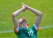 19 June 2023; Team Ireland's Ray Singleton, a member of Eagles Special Olympics Club, from Aughnacloy, Tyrone, celebrates scoring his second and Ireland's third goal during the qualifier match between Ireland and Uganda on day three of the World Special Olympic Games 2023 at The Mayfield in the Olympiapark in Berlin, Germany. Photo by Ray McManus/Sportsfile