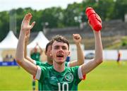 19 June 2023; Team Ireland's Ray Singleton, a member of Eagles Special Olympics Club, from Aughnacloy, Tyrone, celebrates after the qualifier match between Ireland and Uganda on day three of the World Special Olympic Games 2023 at The Mayfield in the Olympiapark in Berlin, Germany. Photo by Ray McManus/Sportsfile