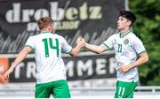 19 June 2023; Ollie O'Neill of Republic of Ireland, right, celebrates with teammate Ed McJannet after scoring his side's first goal during the International friendly match between the Republic of Ireland U21's and Kuwait U22's at Parktherme Arena in Bad Radkersburg, Austria. Photo by Blaz Weindorfer/Sportsfile
