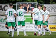 19 June 2023; Ollie O'Neill of Republic of Ireland, right, celebrates with teammate Sam Curtis after scoring his side's first goal during the International friendly match between the Republic of Ireland U21's and Kuwait U22's at Parktherme Arena in Bad Radkersburg, Austria. Photo by Blaz Weindorfer/Sportsfile