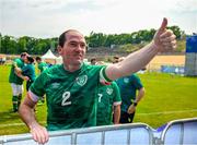 19 June 2023; Team Ireland's Thomas O'Herlihy, a member of COPE Foundation Cork, from Churchfield, Cork, gestures to supporters after the Ireland and Uganda qualifier on day three of the World Special Olympic Games 2023 at The Mayfield in the Olympiapark in Berlin, Germany. Photo by Ray McManus/Sportsfile