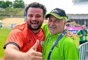 19 June 2023; Team Ireland's Omer Teko, a member of United Warriors, from Greenpark, Dublin, celebrates with his dad Abdulmonem after the Ireland and Uganda qualifier on day three of the World Special Olympic Games 2023 at The Mayfield in the Olympiapark in Berlin, Germany. Photo by Ray McManus/Sportsfile