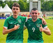 19 June 2023; Goalscorers Team Ireland's Ray Singleton, a member of Eagles Special Olympics Club, from Aughnacloy, Tyrone, left, who scored two goals and James Meenan, a member of Newry City Special Olympics Club, from Dundalk, Louth, who scored the third goal celebrate after the Ireland and Uganda qualifier on day three of the World Special Olympic Games 2023 at The Mayfield in the Olympiapark in Berlin, Germany. Photo by Ray McManus/Sportsfile