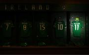 19 June 2023; The jersey of Republic of Ireland captain James McClean and teammates hangs in their dressing room before the UEFA EURO 2024 Championship qualifying group B match between Republic of Ireland and Gibraltar at the Aviva Stadium in Dublin. Photo by Stephen McCarthy/Sportsfile