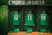 19 June 2023; The jerseys of Republic of Ireland's Nathan Collins, left, Jeff Hendrick, and Mikey Johnston hangs in the dressing room before the UEFA EURO 2024 Championship qualifying group B match between Republic of Ireland and Gibraltar at the Aviva Stadium in Dublin. Photo by Stephen McCarthy/Sportsfile