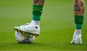 19 June 2023; A detailed view of the boots worn by Republic or Ireland captain James McClean, on the occasion of his 100th international cap before the UEFA EURO 2024 Championship qualifying group B match between Republic of Ireland and Gibraltar at the Aviva Stadium in Dublin. Photo by Seb Daly/Sportsfile