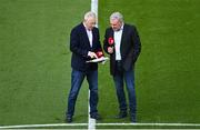 19 June 2023; Tony O'Donoghue, left, and Ray Houghton of RTÉ Sport before the UEFA EURO 2024 Championship qualifying group B match between Republic of Ireland and Gibraltar at the Aviva Stadium in Dublin. Photo by Piaras Ó Mídheach/Sportsfile