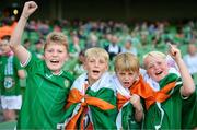 19 June 2023; Republic of Ireland supporters, from left, Elliott O'Leary, Harry Duffy, Bobby Duffy, Scott Cunningham from Newcastle, Wicklow, before the UEFA EURO 2024 Championship qualifying group B match between Republic of Ireland and Gibraltar at the Aviva Stadium in Dublin. Photo by Stephen McCarthy/Sportsfile