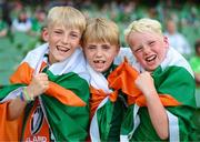 19 June 2023; Republic of Ireland supporters, from left, Harry Duffy, Bobby Duffy, Scott Cunningham from Newcastle, Wicklow, before the UEFA EURO 2024 Championship qualifying group B match between Republic of Ireland and Gibraltar at the Aviva Stadium in Dublin. Photo by Stephen McCarthy/Sportsfile