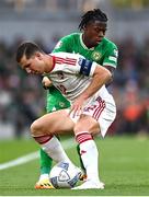 19 June 2023; Jayce Olivero of Gibraltar in action against Michael Obafemi of Republic of Ireland during the UEFA EURO 2024 Championship qualifying group B match between Republic of Ireland and Gibraltar at the Aviva Stadium in Dublin. Photo by Stephen McCarthy/Sportsfile