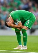 19 June 2023; John Egan of Republic of Ireland reacts during the UEFA EURO 2024 Championship qualifying group B match between Republic of Ireland and Gibraltar at the Aviva Stadium in Dublin. Photo by Seb Daly/Sportsfile
