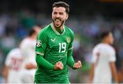 19 June 2023; Mikey Johnston of Republic of Ireland celebrates after scoring his side's first goal during the UEFA EURO 2024 Championship qualifying group B match between Republic of Ireland and Gibraltar at the Aviva Stadium in Dublin. Photo by Seb Daly/Sportsfile