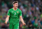19 June 2023; Evan Ferguson of Republic of Ireland celebrates after scoring his side's second goal during the UEFA EURO 2024 Championship qualifying group B match between Republic of Ireland and Gibraltar at the Aviva Stadium in Dublin. Photo by Seb Daly/Sportsfile