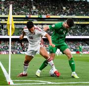 19 June 2023; Tjay De Barr of Gibraltar in action against Dara O'Shea of Republic of Ireland during the UEFA EURO 2024 Championship qualifying group B match between Republic of Ireland and Gibraltar at the Aviva Stadium in Dublin. Photo by Stephen Marken/Sportsfile