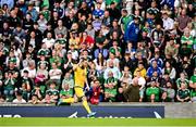 19 June 2023; Abat Aimbetov of Kazakhstan celebrates after scoring his side's first goal during the UEFA EURO 2024 Championship Qualifier match between Northern Ireland and Kazakhstan at National Stadium at Windsor Park in Belfast. Photo by Ramsey Cardy/Sportsfile