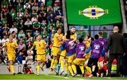 19 June 2023; Abat Aimbetov of Kazakhstan celebrates after scoring his side's first goal during the UEFA EURO 2024 Championship Qualifier match between Northern Ireland and Kazakhstan at National Stadium at Windsor Park in Belfast. Photo by Ramsey Cardy/Sportsfile