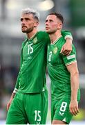 19 June 2023; Republic of Ireland players, Troy Parrott, left, and Alan Browne after the UEFA EURO 2024 Championship qualifying group B match between Republic of Ireland and Gibraltar at the Aviva Stadium in Dublin. Photo by Seb Daly/Sportsfile