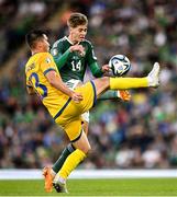 19 June 2023; Lev Skvortsov of Kazakhstan in action against Isaac Price of Northern Ireland during the UEFA EURO 2024 Championship Qualifier match between Northern Ireland and Kazakhstan at National Stadium at Windsor Park in Belfast. Photo by Ramsey Cardy/Sportsfile