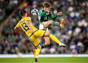 19 June 2023; Lev Skvortsov of Kazakhstan in action against Isaac Price of Northern Ireland during the UEFA EURO 2024 Championship Qualifier match between Northern Ireland and Kazakhstan at National Stadium at Windsor Park in Belfast. Photo by Ramsey Cardy/Sportsfile