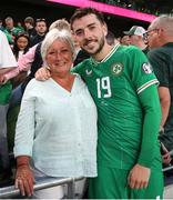 19 June 2023; Mikey Johnston of Republic of Ireland with his mum Janette after the UEFA EURO 2024 Championship qualifying group B match between Republic of Ireland and Gibraltar at the Aviva Stadium in Dublin. Photo by Michael P Ryan/Sportsfile
