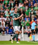 19 June 2023; Jonny Evans of Northern Ireland is substituted during the second half during the UEFA EURO 2024 Championship Qualifier match between Northern Ireland and Kazakhstan at National Stadium at Windsor Park in Belfast. Photo by Ramsey Cardy/Sportsfile