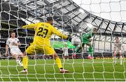 19 June 2023; Adam Idah of Republic of Ireland scores his side's third goal during the UEFA EURO 2024 Championship qualifying group B match between Republic of Ireland and Gibraltar at the Aviva Stadium in Dublin. Photo by Seb Daly/Sportsfile