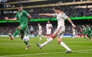 19 June 2023; Louie Annesley of Gibraltar in action against John Egan of Republic of Ireland during the UEFA EURO 2024 Championship qualifying group B match between Republic of Ireland and Gibraltar at the Aviva Stadium in Dublin. Photo by Stephen McCarthy/Sportsfile