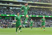 19 June 2023; Mikey Johnston of Republic of Ireland celebrates after scoring his side's first goal during the UEFA EURO 2024 Championship qualifying group B match between Republic of Ireland and Gibraltar at the Aviva Stadium in Dublin. Photo by Seb Daly/Sportsfile