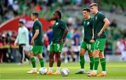 19 June 2023; Republic of Ireland players, from right, Evan Ferguson, Jamie McGrath, Michael Obafemi and Josh Cullen before the UEFA EURO 2024 Championship qualifying group B match between Republic of Ireland and Gibraltar at the Aviva Stadium in Dublin. Photo by Seb Daly/Sportsfile