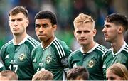 19 June 2023; Northern Ireland players, from left, Paddy McNair, Shea Charles, Alistair McCann and Trai Hume before the UEFA EURO 2024 Championship Qualifier match between Northern Ireland and Kazakhstan at National Stadium at Windsor Park in Belfast. Photo by Ramsey Cardy/Sportsfile