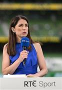 19 June 2023; RTÉ sport presenter Joanne Cantwell before the UEFA EURO 2024 Championship qualifying group B match between Republic of Ireland and Gibraltar at the Aviva Stadium in Dublin. Photo by Stephen McCarthy/Sportsfile