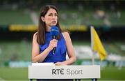 19 June 2023; RTÉ sport presenter Joanne Cantwell before the UEFA EURO 2024 Championship qualifying group B match between Republic of Ireland and Gibraltar at the Aviva Stadium in Dublin. Photo by Stephen McCarthy/Sportsfile