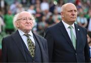 19 June 2023; President of Ireland Michael D Higgins, left, and FAI President Gerry McAnaney before the UEFA EURO 2024 Championship qualifying group B match between Republic of Ireland and Gibraltar at the Aviva Stadium in Dublin. Photo by Stephen McCarthy/Sportsfile