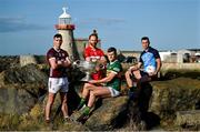 20 June 2023; In attendance at the 2023 GAA Football All-Ireland Series national launch in Howth, Dublin, are from left, Matthew Tierney of Galway, Conor Glass of Derry, Gavin White of Kerry with the Sam Maguire cup and Cormac Costello of Dublin. Photo by Brendan Moran/Sportsfile