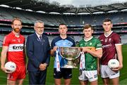20 June 2023; At the 2023 GAA Football All-Ireland Series national launch in Croke Park, Dublin are, from left Conor Glass of Derry, Uachtarán Chumann Lúthchleas Gael Larry McCarthy, Cormac Costello of Dublin, Gavin White of Kerry and Matthew Tierney of Galway with the Sam Maguire Cup. Photo by Sam Barnes/Sportsfile